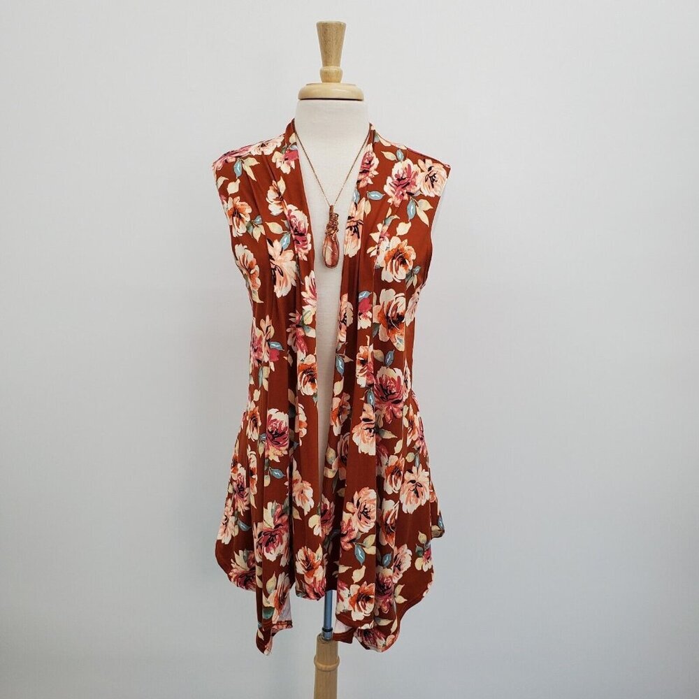 Design By Olivia Womens Sleeveless‎ Floral Cardigan Size 1XL Rust Open Front NWT